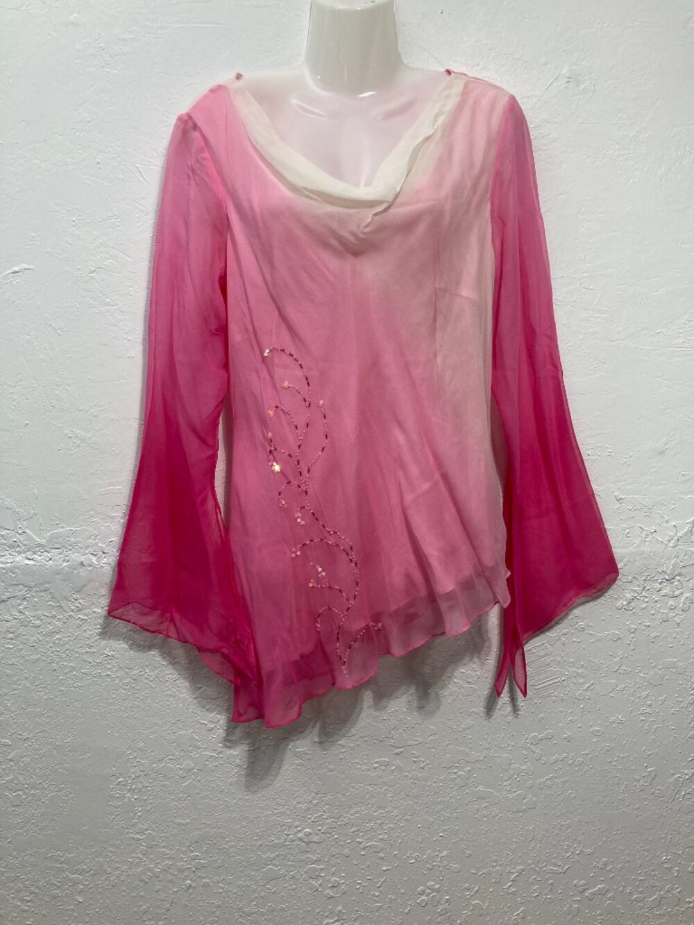 Y2K Chadwick's Vintage 100% Silk Sheer Bell Sleeve Pink Beaded Romantic Size 10